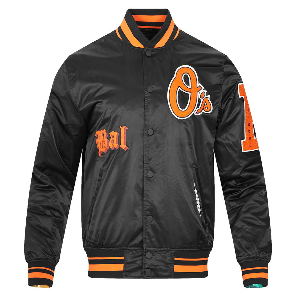 Pro Standard Men's MLB Baltimore Orioles Old English Rib Satin Varsity Jacket -Black/Orange